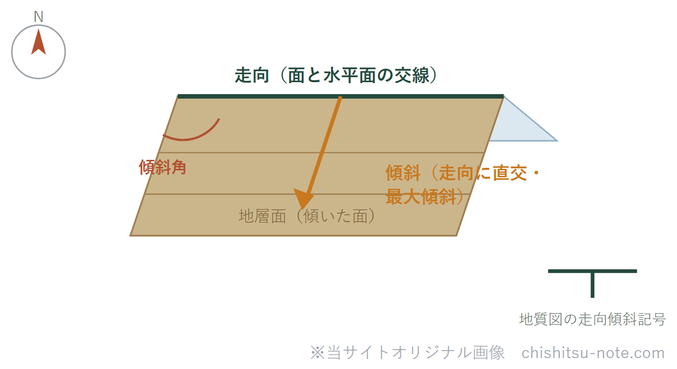 走向・傾斜のイラスト。傾いた地層面と水平面の交線の方向が走向、走向に直交する最大傾斜の向きと角度が傾斜。
