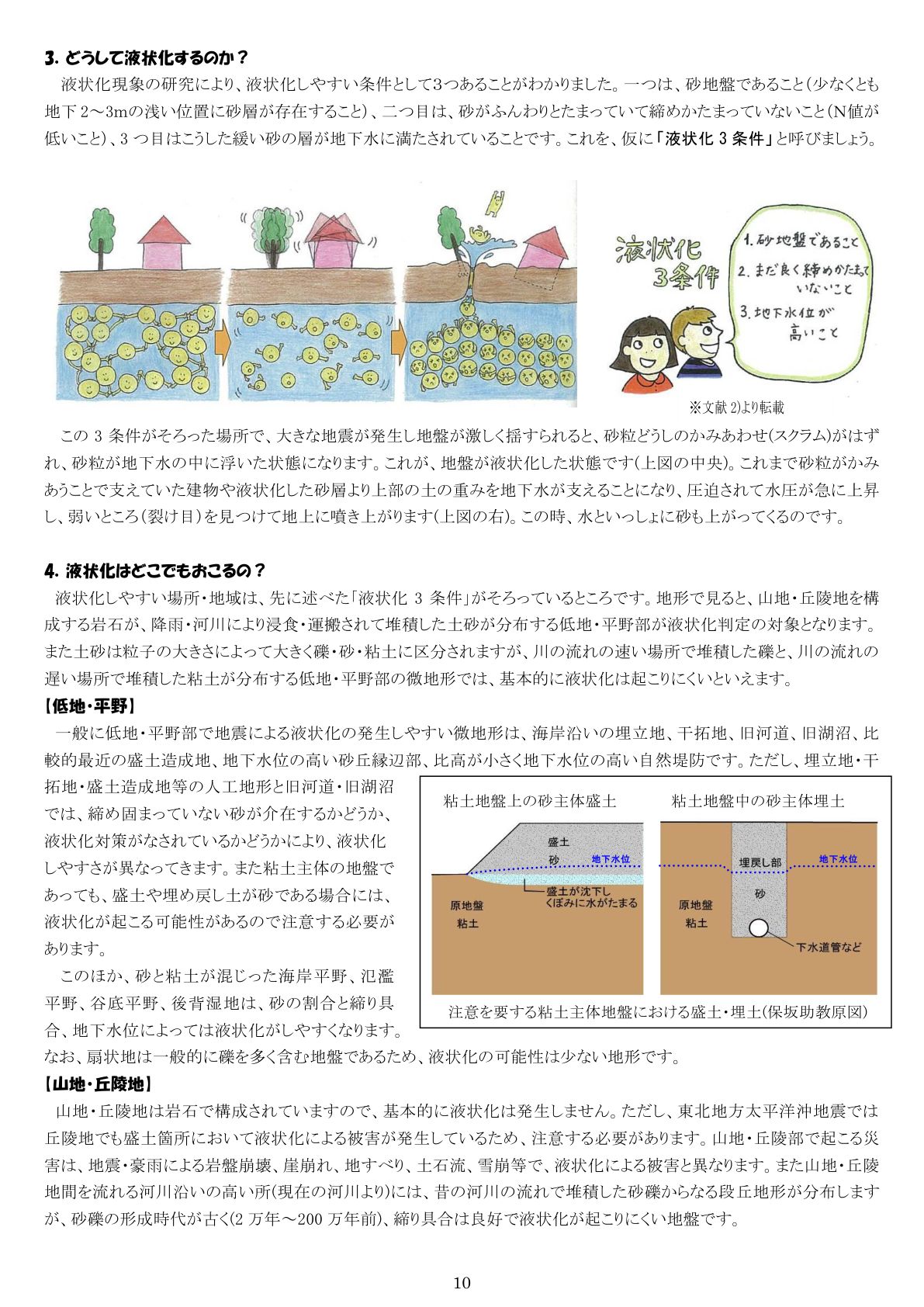 液状化の3条件（国土交通省）。砂地盤・N値が低くゆるい・地下水に満たされると、地震時に液状化する