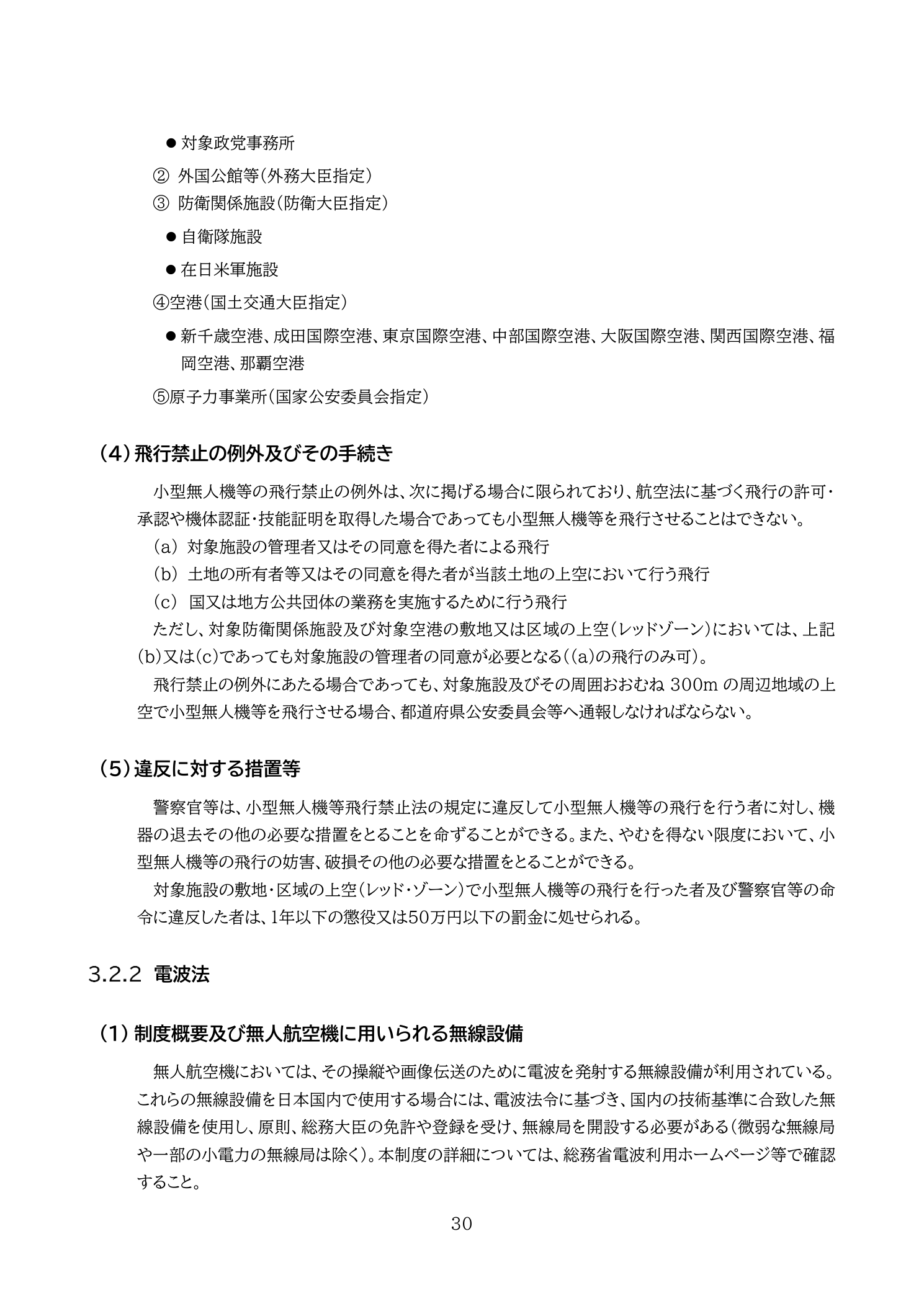 小型無人機等飛行禁止法の対象施設と飛行禁止の例外（国土交通省 無人航空機の飛行の安全に関する教則 第4版 p.30）：国会議事堂・官邸・外国公館・防衛施設・空港等が対象施設