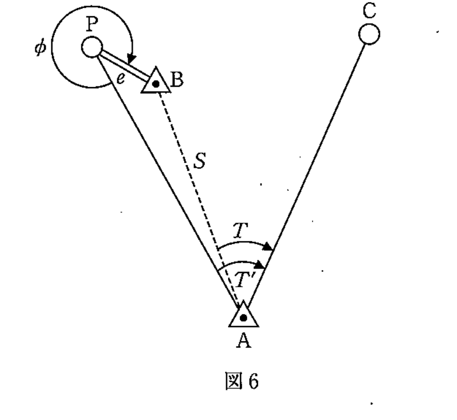 図6 偏心観測 既知点A・B・新点C・偏心点P