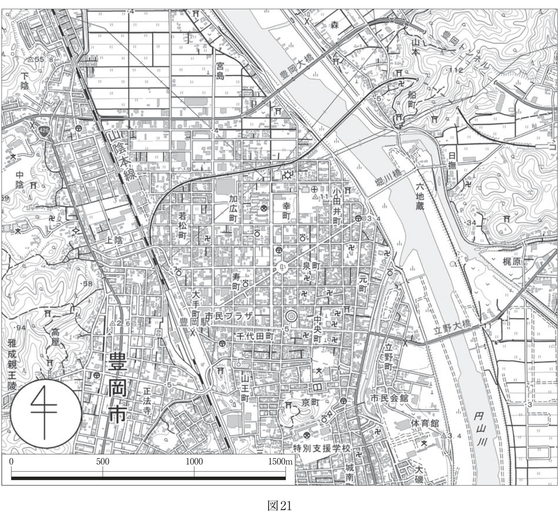 図21　電子地形図25000の一部（豊岡市付近・縮尺変更・一部改変）