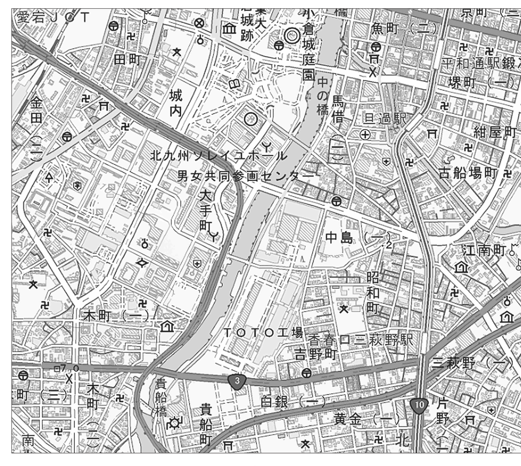 図21　国土地理院刊行の電子地形図25000の一部（縮尺変更・一部改変）。北九州市小倉周辺の市街地で、小倉城庭園・旦過駅・TOTO工場や税務署・裁判所・保健所などの地図記号が示された地図