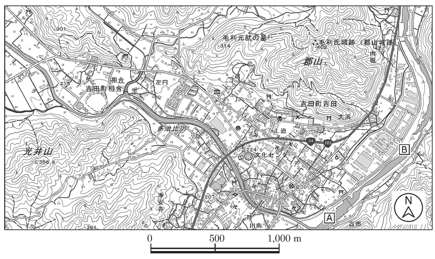 図21　国土地理院の電子地形図25000の一部（縮尺変更・一部改変）。郡山・光井山・多治比川や毛利氏城跡（郡山城跡）、地点A・Bなどが示された地形図。下部に縮尺（0〜1,000m）と方位記号Nを表示