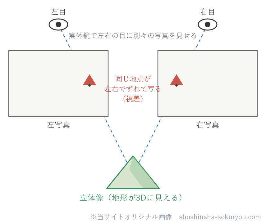 実体視の原理。少し違う位置から撮った重複写真では、同じ地点が左右の写真でわずかにずれて写る（視差）。この2枚を実体鏡で左目・右目に別々に見せると、脳が視差から奥行きを復元して地形が立体的に見える。